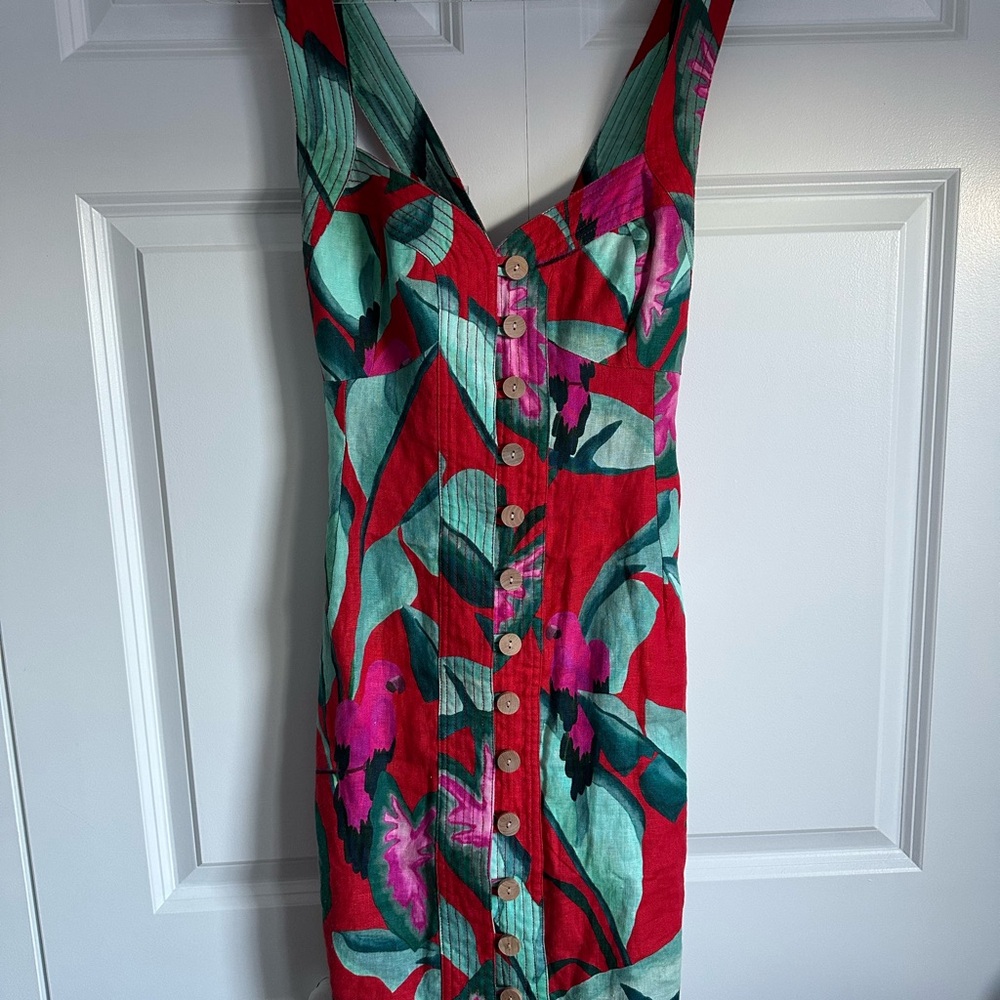 Farm Rio Red Tropical Foliage Button Front Mini Dress – Size Medium - Picture 2 of 4